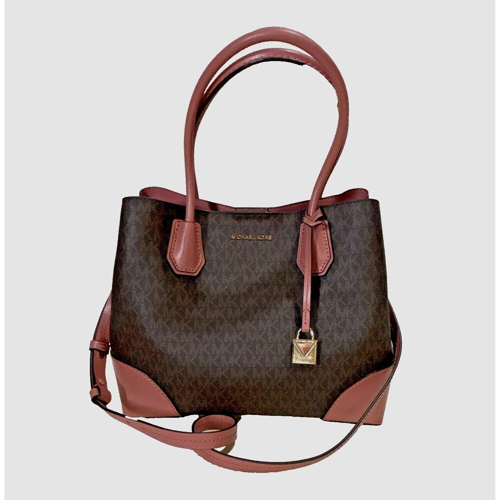 Michael Kors Mercer Gallery Medium Center Zip Tote Bag Brown Signature Pink Trim